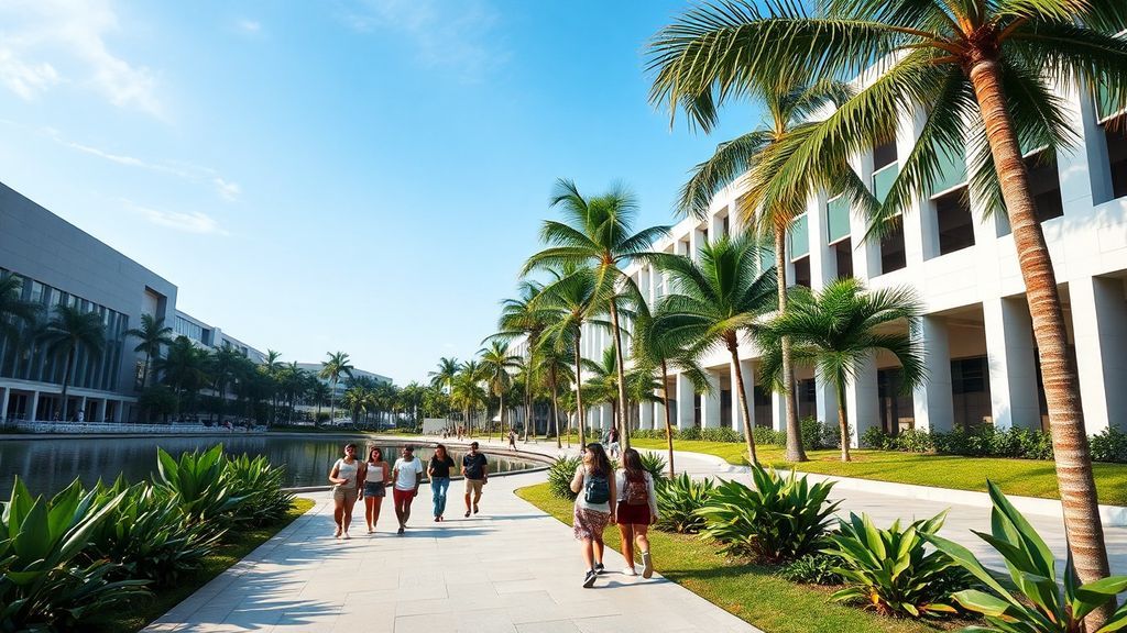 A diverse group of international students walking along a palm-lined campus path at a tropical university in Hainan, China, with modern academic buildings and a calm lake in the background.