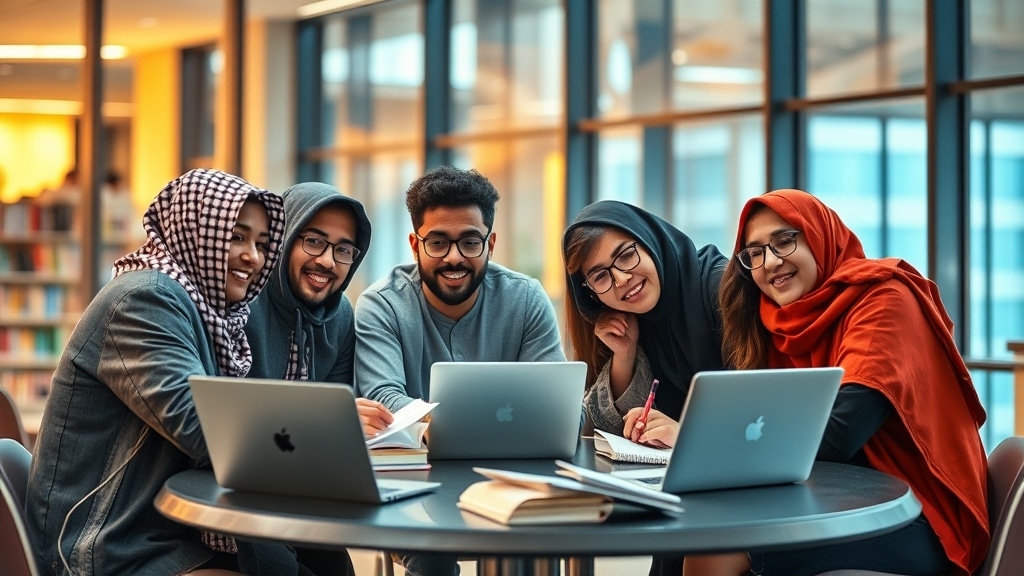 Diverse group of Middle Eastern and Asian students studying together in a modern Chinese university library, reflecting the growing trend of Gulf students choosing to study in China.