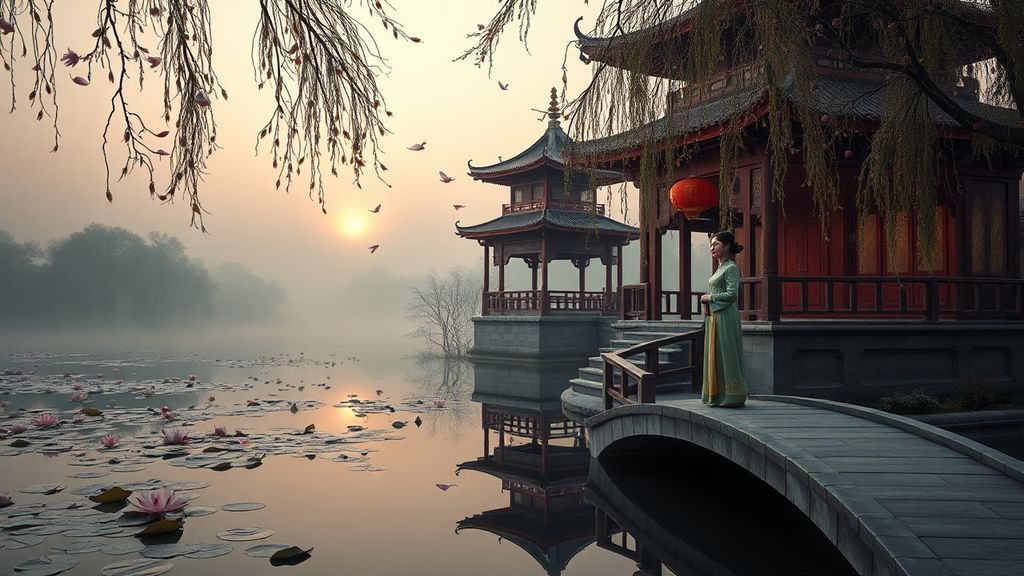 A serene Qing dynasty garden at dusk with a red pavilion reflected in a lotus pond, evoking the world of Dream of the Red Chamber