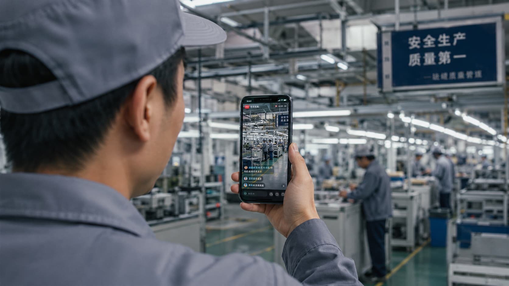 Factory worker live streaming a production line in China