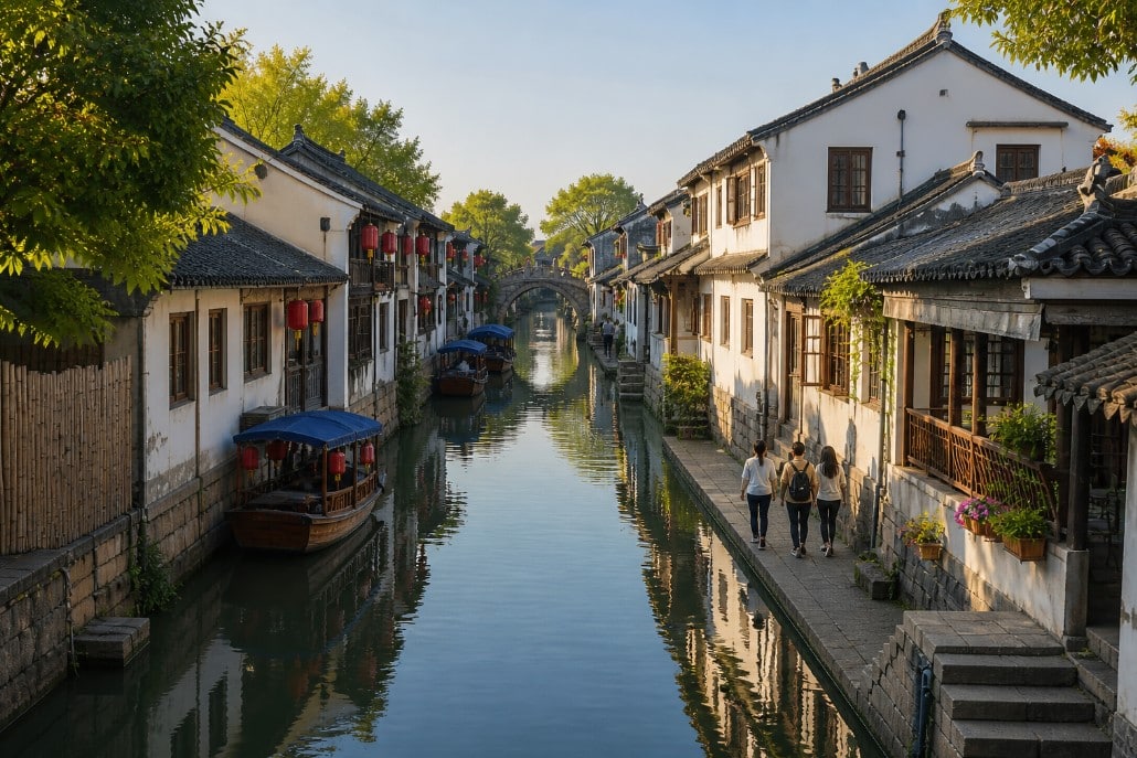 Traditional canal street in Zhouzhuang Ancient Town with whitewashed buildings and stone bridge reflecting on still water at dusk