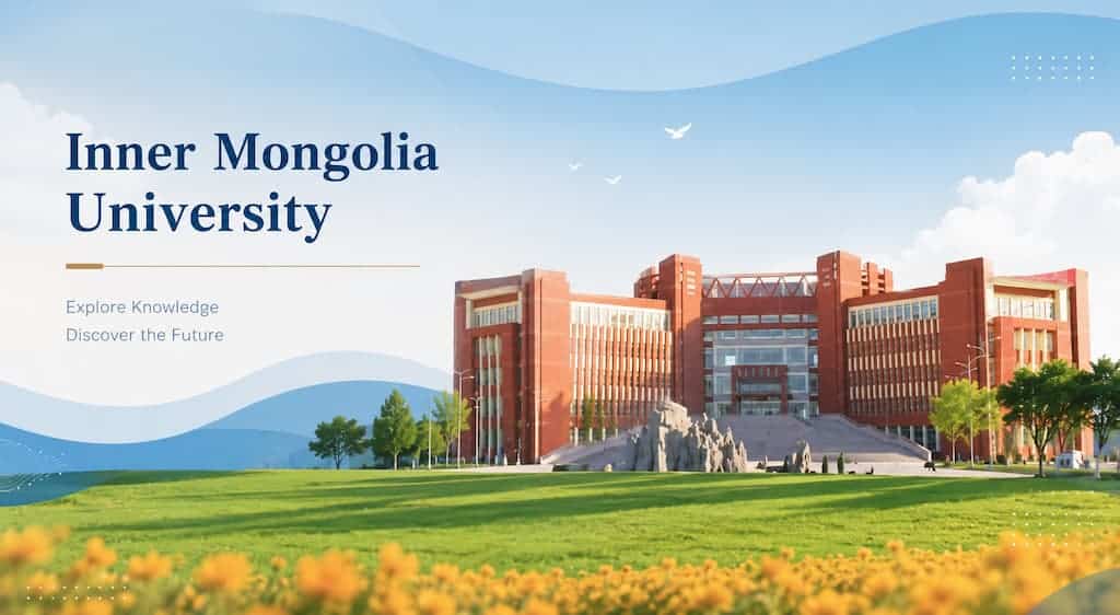 Modern campus building of Inner Mongolia University with green lawn and blue sky, redesigned editorial-style cover image for university introduction article
