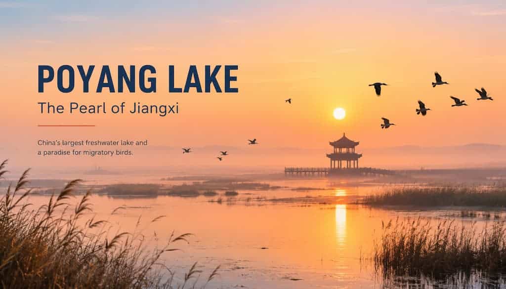 Sunrise over Poyang Lake with flying migratory birds and traditional pavilion in Jiangxi, China