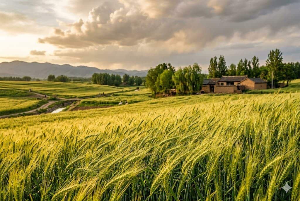 Golden-hour Chinese wheat field with half-ripe grain, illustrating Xiaoman, one of China's 24 solar terms.