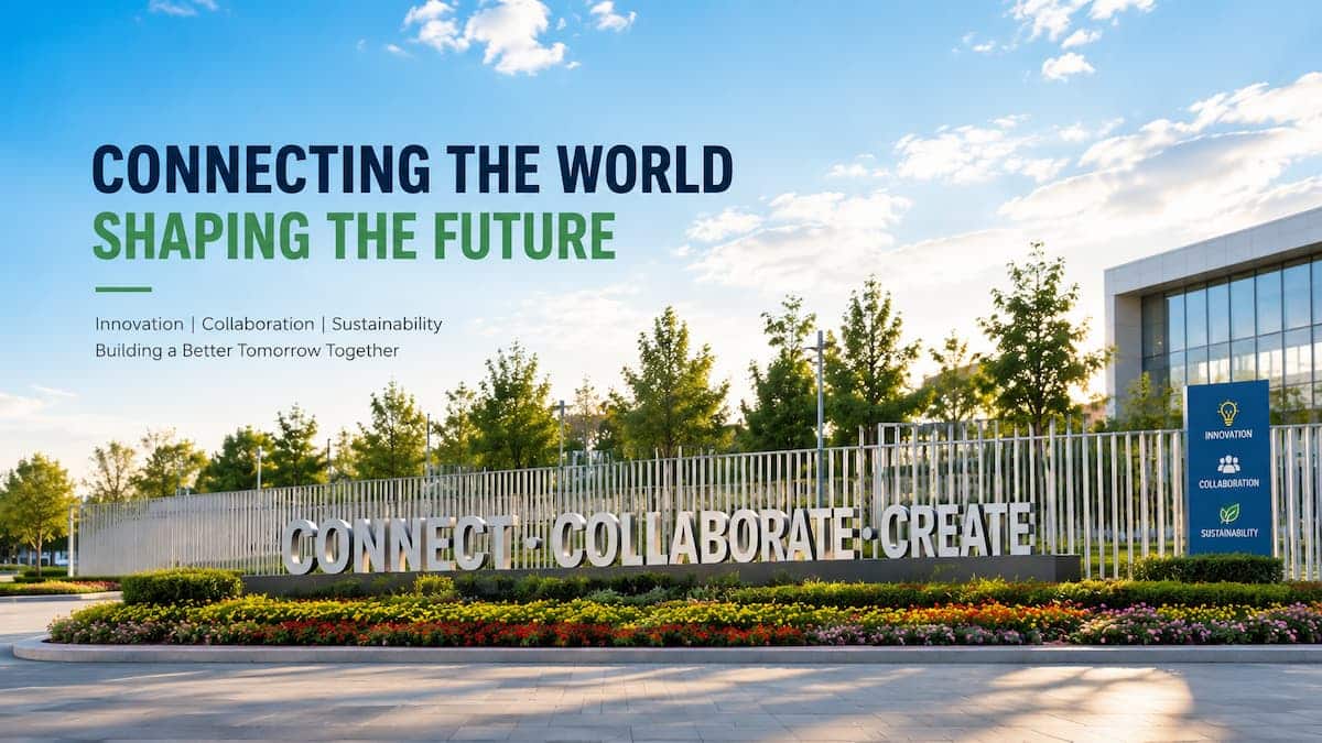 Modern entrance display at China International Supply Chain Expo 2026 with global cooperation slogan and landscaped plaza