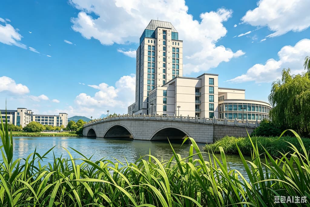 Scenic view of Jiangnan University campus featuring a stone arch bridge over a tranquil lake, modern high-rise academic building, and lush greenery in Wuxi, China