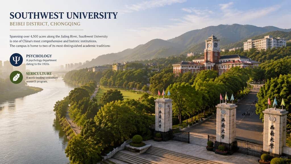 Southwest University campus along the Jialing River in Beibei, Chongqing — one of China's leading 211 universities for psychology and life sciences