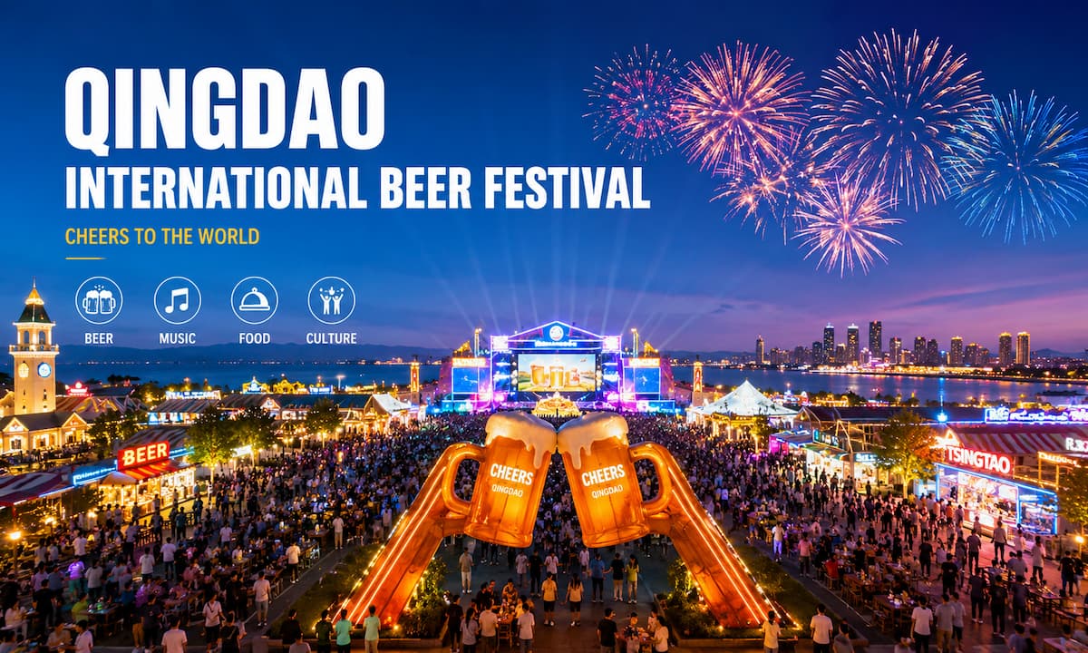 Fireworks illuminate the Qingdao International Beer Festival with crowds, colorful lights, and seaside festival grounds in Qingdao, China