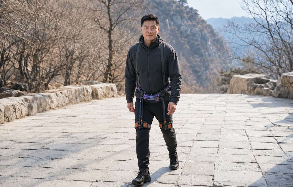 A visitor wearing a robotic Mount Tai hiking exoskeleton walks along a stone mountain path surrounded by bare trees and rugged cliffs under bright daylight.