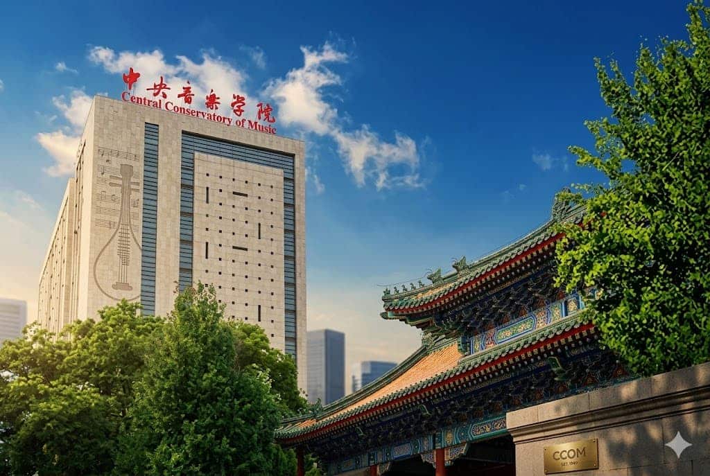Enhanced architectural photograph featuring the Central Conservatory of Music high-rise building with a detailed traditional Chinese gate in the foreground under a dramatic blue sky.