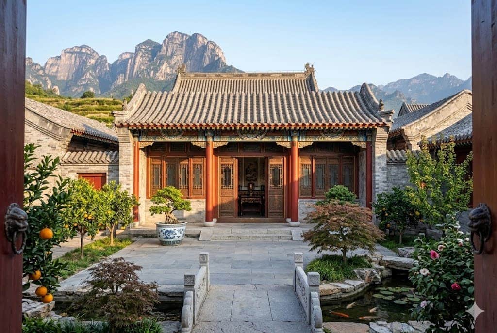 A traditional Chinese courtyard entrance with a red door, gray brick walls, and a tiled roof, framed by lush green trees and a scenic mountain backdrop under a clear blue sky.