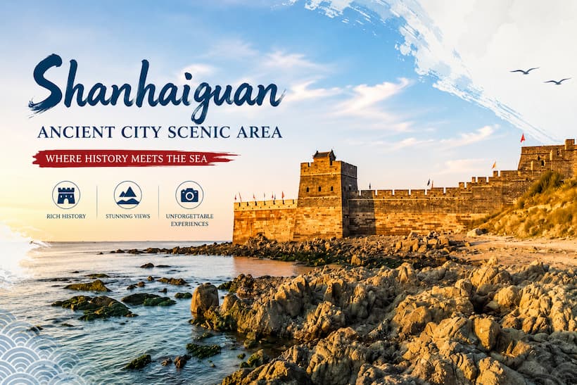 A scenic coastal view of Shanhaiguan Ancient City Scenic Area featuring the historic Great Wall fortress, rocky shoreline, and warm sunset light by the Bohai Sea.