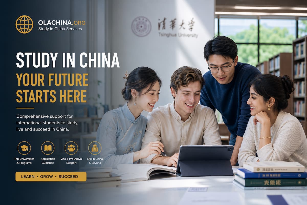 Study in China Services banner by OLACHINA.org featuring international students looking at a tablet at Tsinghua University.