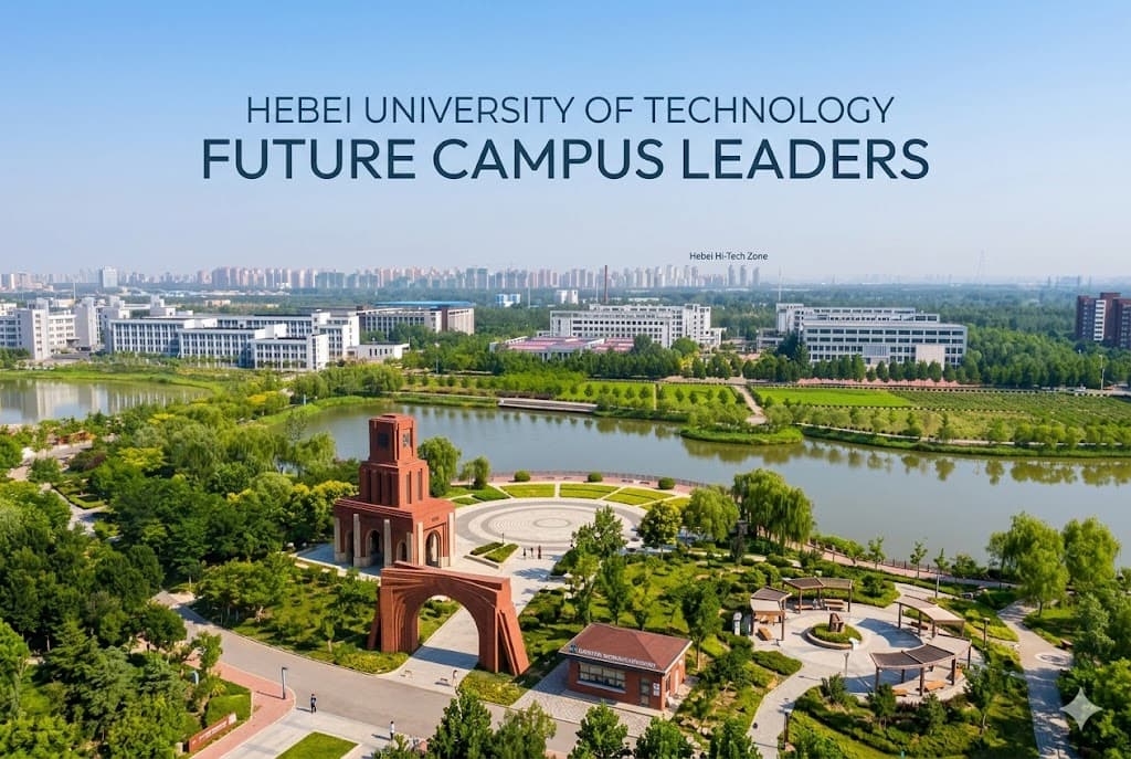 Aerial photograph of the Hebei University of Technology campus, featuring modern academic buildings, a large central lake, and green landscaping.
