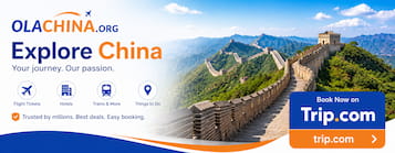 Explore China travel banner featuring the Great Wall of China, flight and hotel booking icons, and a travel partnership promotion between OLACHINA.ORG and Trip.com.