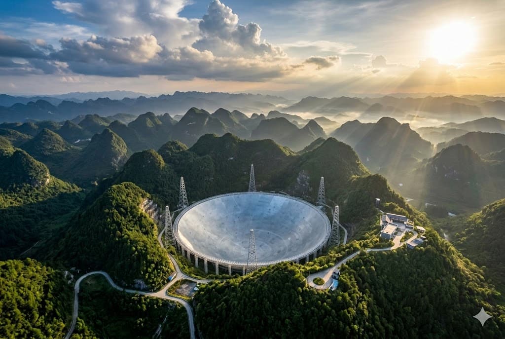 An extreme aerial photograph of the Five-hundred-meter Aperture Spherical Radio Telescope (FAST), also known as the China Sky Eye, nestled among forested karst mountains at golden hour.