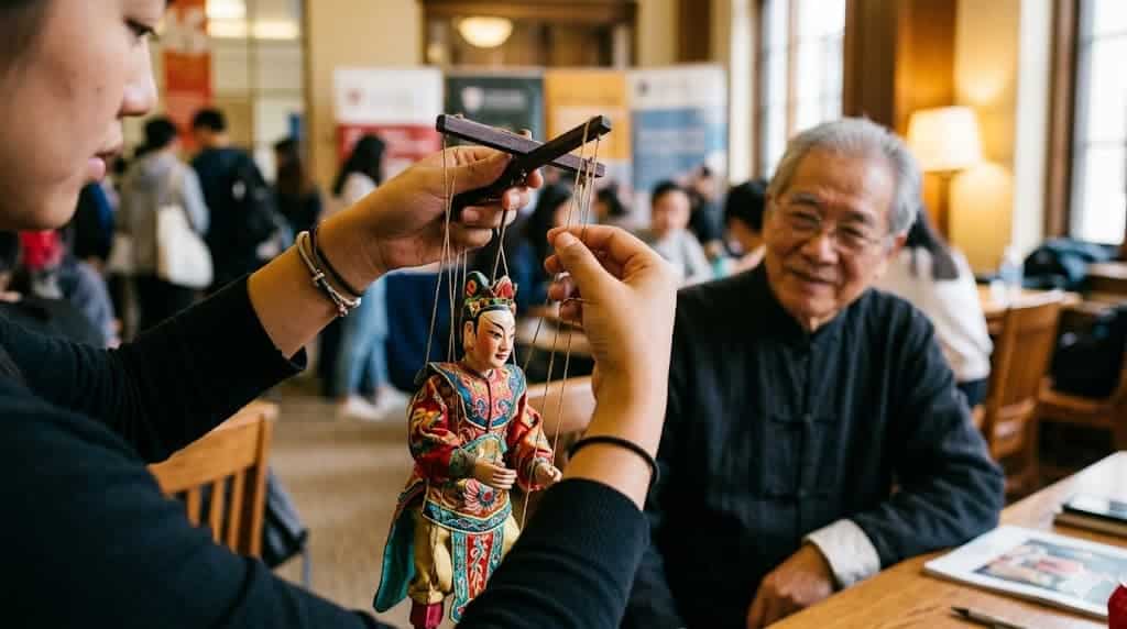 Foreign student learning to handle a traditional Quanzhou marionette puppet at a Chinese university ICH workshop
