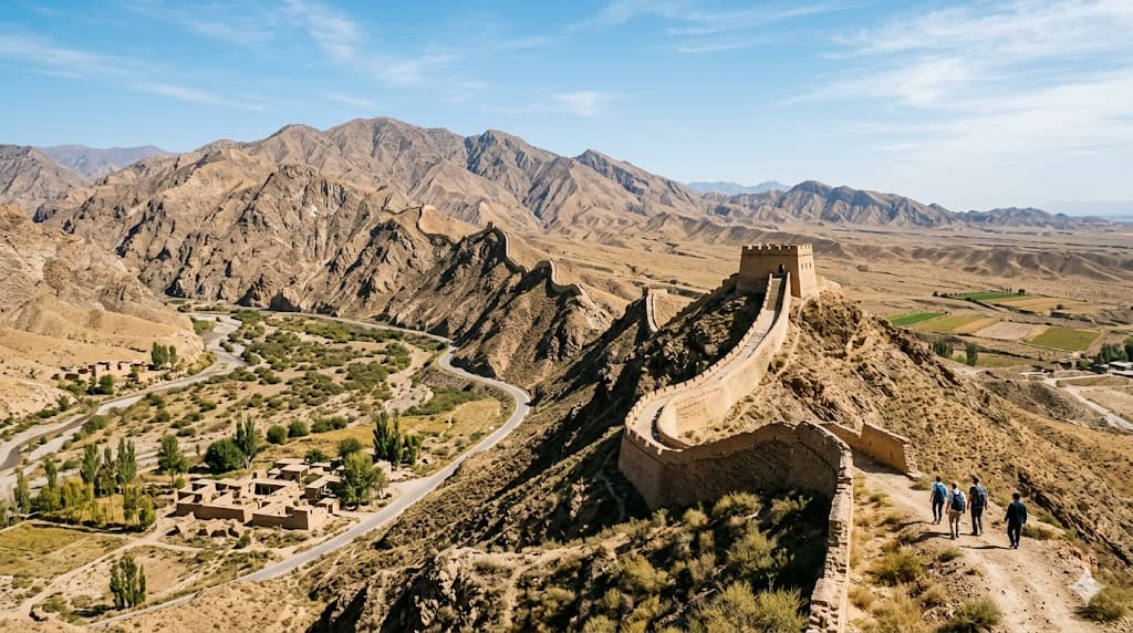 A wide high-angle view of a rugged, earthen section of the Great Wall winding across the crest of the arid Helan Mountains in Ningxia, China, with a group of hikers walking along a dirt path in the foreground.