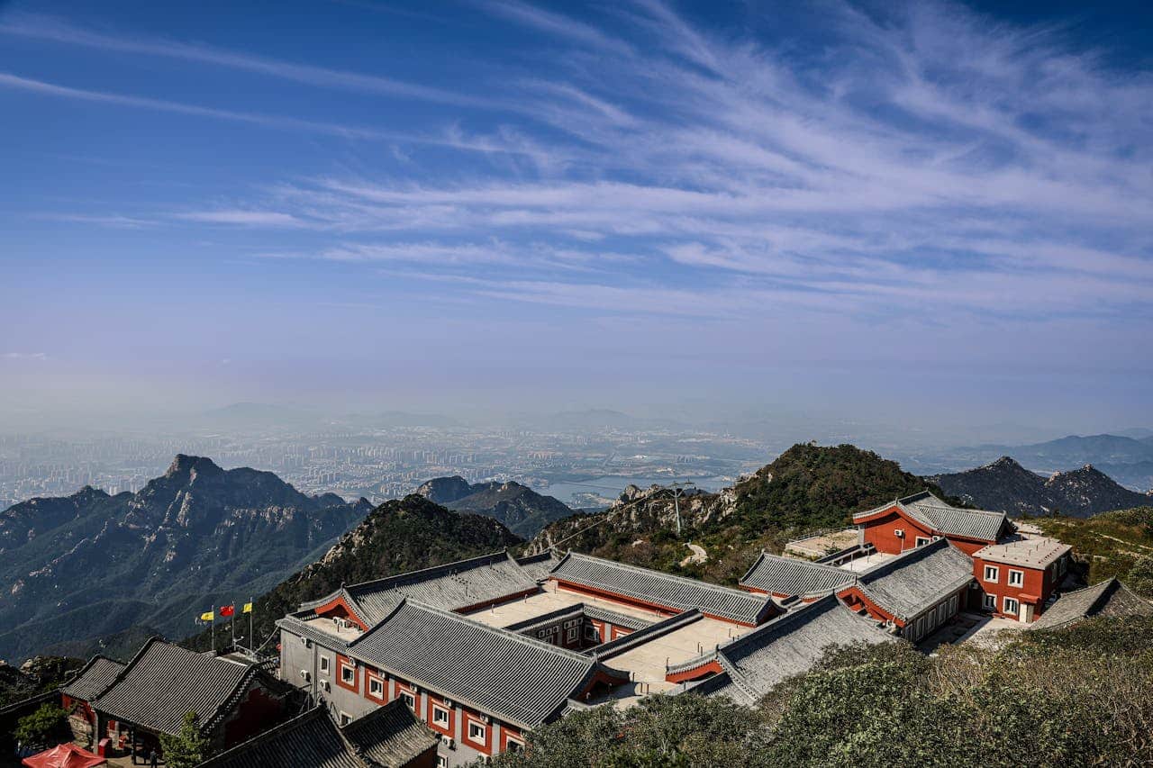 Aerial view of Bixia Temple on the summit of Mount Tai overlooking Tai'an city in Shandong, China