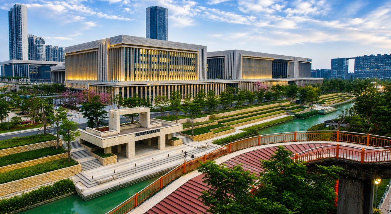 International students walking on Beijing Foreign Studies University campus, surrounded by green trees and traditional Chinese architecture.