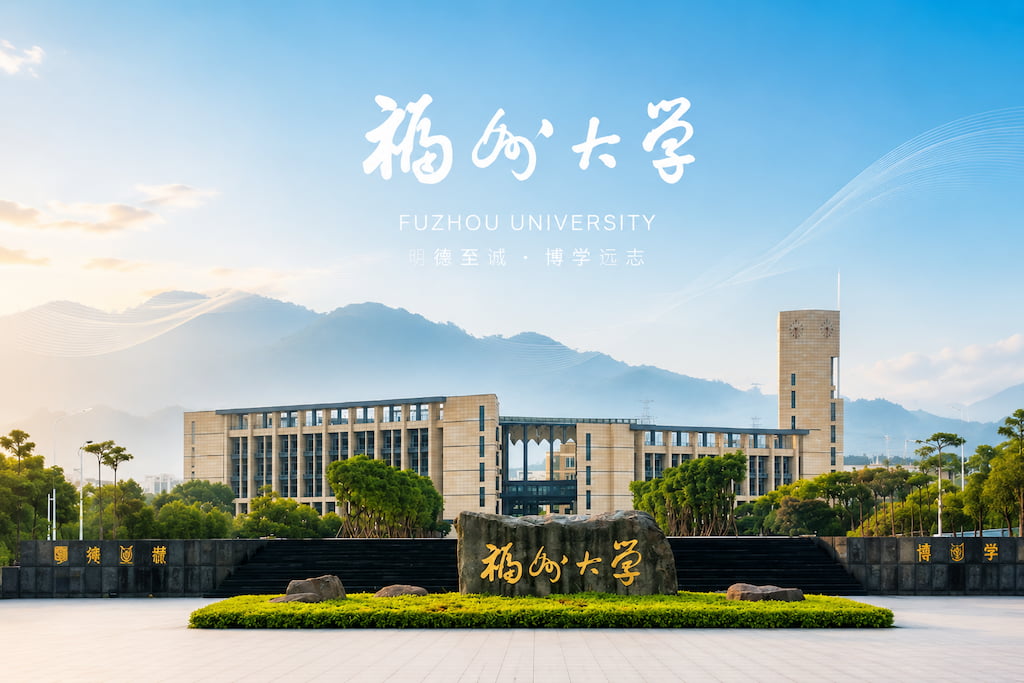 Fuzhou University campus with academic buildings, clock tower and a name-inscribed stone before misty mountains