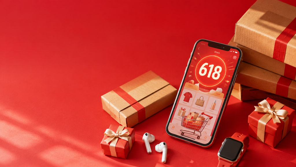 Smartphone showing a 618 shopping festival sale app beside cardboard parcels and gift boxes on a red background