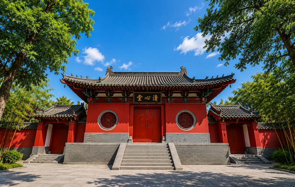 Red-walled traditional Chinese temple hall with grey tiled roof and stone steps under a blue sky, framed by green trees