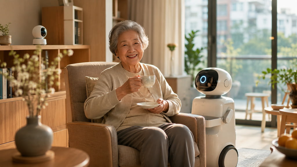 Smiling elderly woman with tea beside a small white home care robot and a smart camera in a sunlit living room