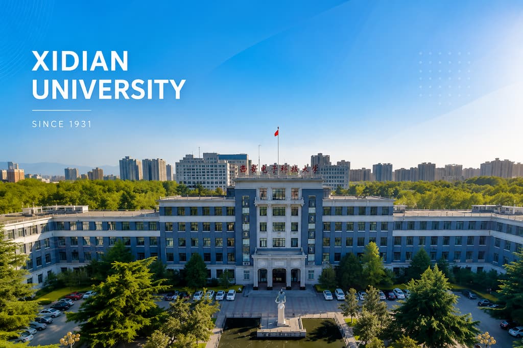 Aerial view of the main building at Xidian University in Xi'an under a blue sky