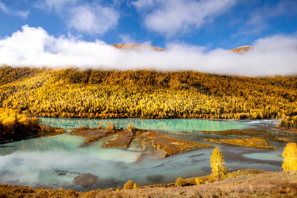 Turquoise Kanas Lake with golden autumn forests and mist over the Altay mountains