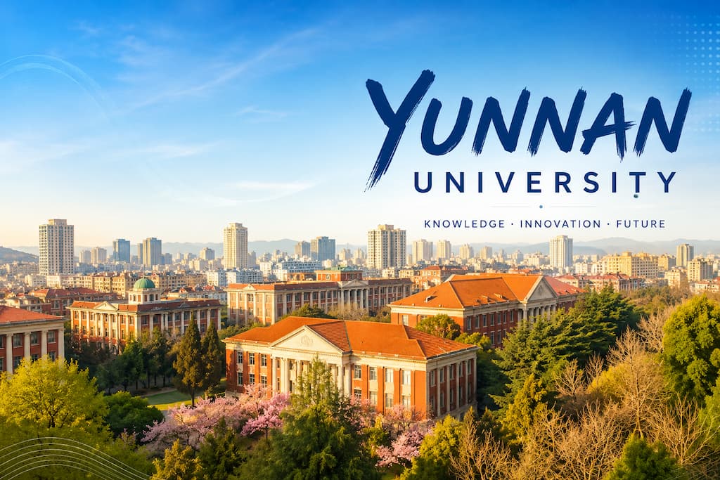 Aerial view of Yunnan University's historic red-roofed campus and the Kunming skyline