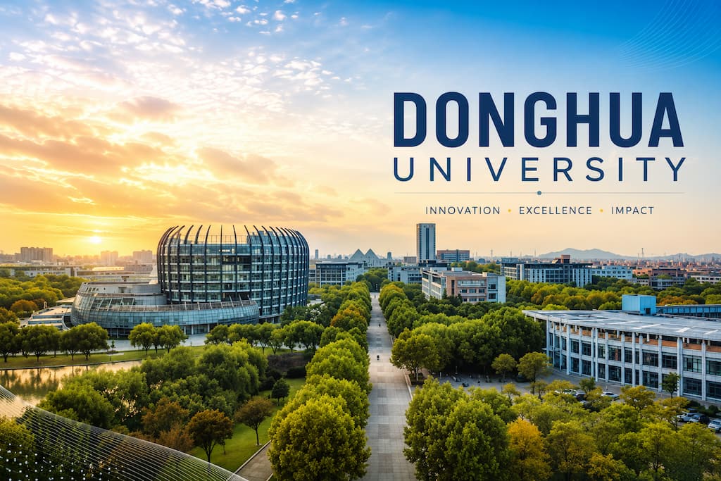 Aerial view of the Donghua University campus in Shanghai at sunset, with a tree-lined central avenue and a round glass building