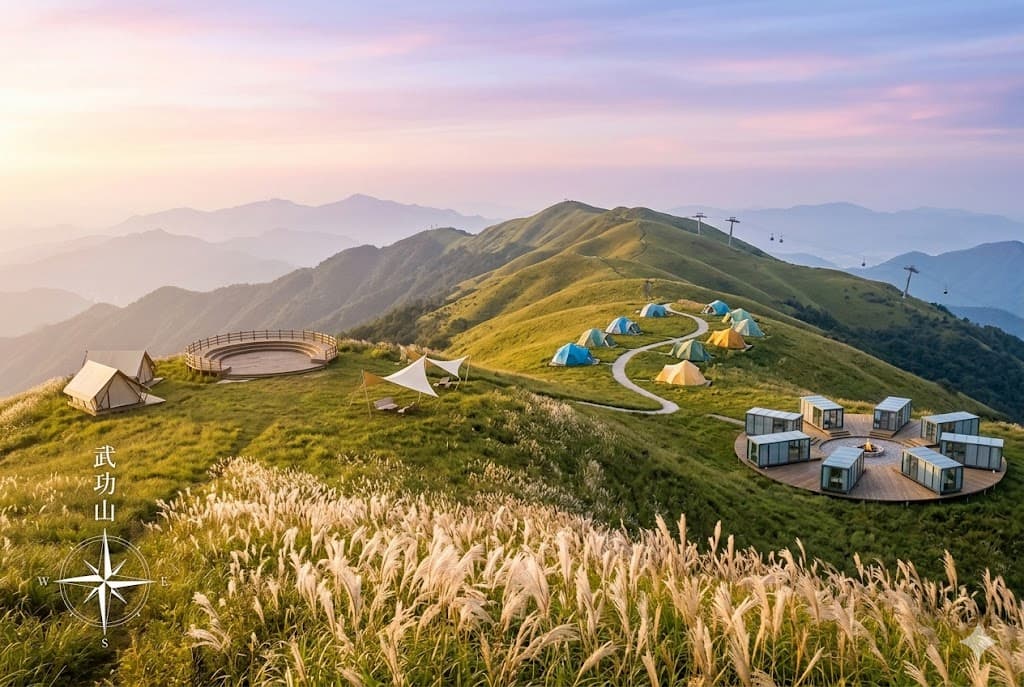 A scenic view of Wugong Mountain at dawn, showcasing rolling green alpine meadows covered in golden pampas grass with vibrant camping tents and modern glass cabins arranged on the hillsides under a soft sunrise sky.