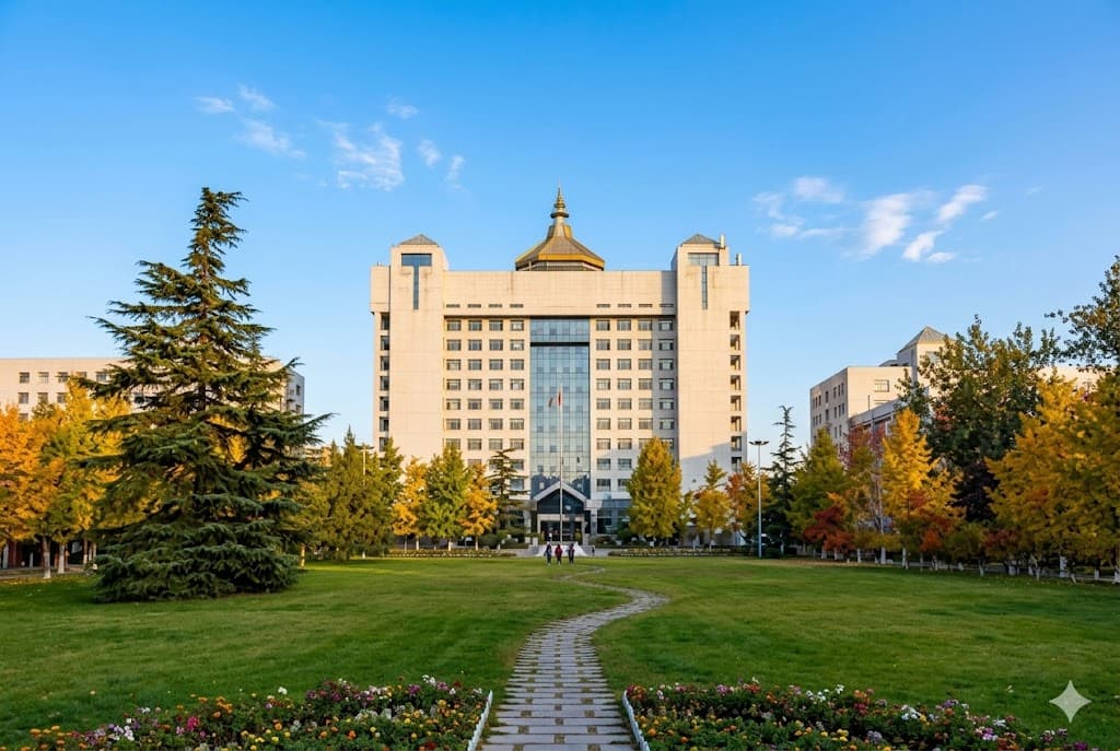 A front-facing photograph of the modern, stepped-style main building of Beijing Jiaotong University, with its distinctive golden roof detail, framed by a manicured lawn, a large cedar tree, and yellowing autumn foliage under a clear blue sky.