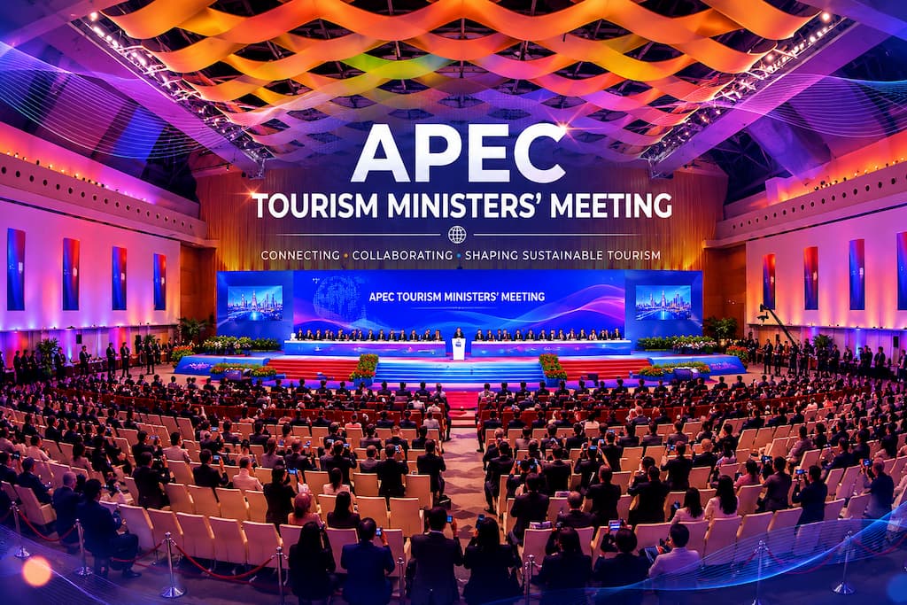 Grand conference hall set for the APEC Tourism Ministers' Meeting under purple stage lighting